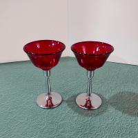 Vintage Paden City Glades Ruby Red Wine Glasses with Chrome Stems, Set of Two
