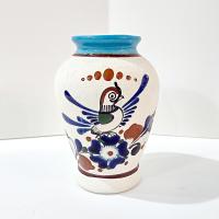 Vintage Mexican Tonala Blue Bird Floral Ceramic Vase, Tonala Mexico Hand Painted Pottery