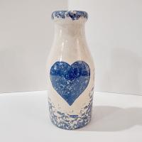 Vintage Blue Spongeware Heart Ceramic Milk Bottle Vase