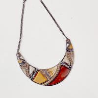 Vintage Enamel and Rhinestone Crescent Moon Metal Necklace, Brown and Amber Earth Tone Statement Necklace
