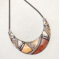 Vintage Enamel and Rhinestone Crescent Moon Metal Necklace, Brown and Amber Earth Tone Statement Necklace