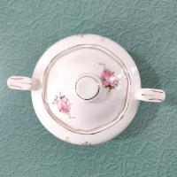 Vintage Canonsburg Moss Rose Covered Sugar Bowl, MCM Pink Floral Sugar Bowl