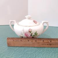 Vintage Canonsburg Moss Rose Covered Sugar Bowl, MCM Pink Floral Sugar Bowl