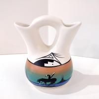 Vintage Navajo Indian Wedding Vase, Judy J Cedar Mesa Signed Pottery, Double Stemmed Flower Vase