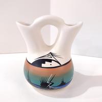Vintage Navajo Indian Wedding Vase, Judy J Cedar Mesa Signed Pottery, Double Stemmed Flower Vase