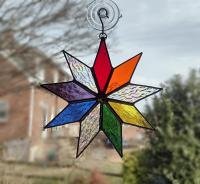 Nine Pointed Star Suncatcher, Rainbow Baha'i Stained Glass Star, Custom Colors Available