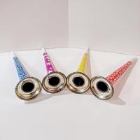 Vintage Tin Litho Metal Noise Maker Horns, Set of 4, 1950's Party Noisemaker Blowers
