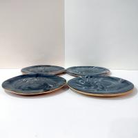 Terrafirma Ellen Evans Signed Studio Pottery Ceramic 7" Plates, Set of Four, Gray/ Black / White Appetizer Snack Plates
