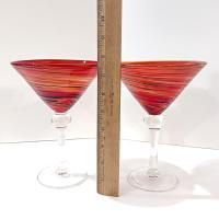 Vintage Hand Blown Martini Cocktail Glasses, Set of 2, Orange Red Black Swirl Art Glasses