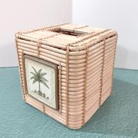 Vintage Bamboo Square Tissue Box Cover Holder with Palm Tree Design, Beth Yarbrough Beach Decor