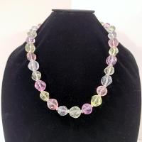 Vintage Chunky Pastel Crackle Bead Necklace, Pink Yellow Purple Green Clear Lucite Beads