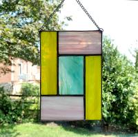 Pink, Blue, and Yellow Geometric Stained Glass Panel Suncatcher, Mondrian Stained Glass Art