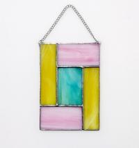 Pink, Blue, and Yellow Geometric Stained Glass Panel Suncatcher, Mondrian Stained Glass Art