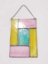 Pink, Blue, and Yellow Geometric Stained Glass Panel Suncatcher, Mondrian Stained Glass Art