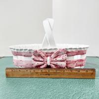 Vintage Ceramic Woven Basket with Pink Band and Bow, Bread Basket, Easter Basket, Decorative Letter Catch All Pottery