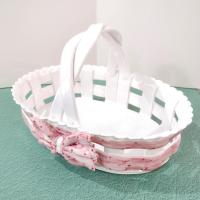 Vintage Ceramic Woven Basket with Pink Band and Bow, Bread Basket, Easter Basket, Decorative Letter Catch All Pottery