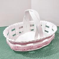 Vintage Ceramic Woven Basket with Pink Band and Bow, Bread Basket, Easter Basket, Decorative Letter Catch All Pottery