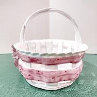 Vintage Ceramic Woven Basket with Pink Band and Bow, Bread Basket, Easter Basket, Decorative Letter Catch All Pottery