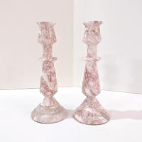 Vintage Pink and White Onyx Marble Carved Candle Stick Holders, Set of Two, Taper Candlestick Holders