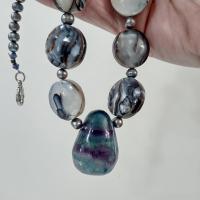 Vintage Rainbow Fluorite and Mother of Pearl Necklace