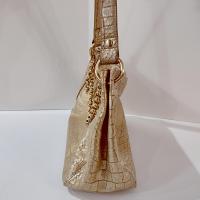 Vintage Perlina Genuine Leather Metallic Gold Reptile Print Handbag Purse with Thick Chain Accent and Shoulder Strap