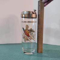 Vintage Cocktail Shaker and 6 Roly Poly Glasses Set, West Virginia Glass Specialty Pheasants in Flight Barware Set