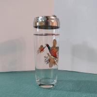 Vintage Cocktail Shaker and 6 Roly Poly Glasses Set, West Virginia Glass Specialty Pheasants in Flight Barware Set