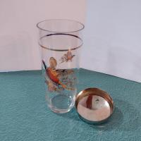 Vintage Cocktail Shaker and 6 Roly Poly Glasses Set, West Virginia Glass Specialty Pheasants in Flight Barware Set