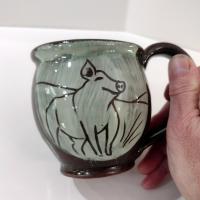 Vintage Hand Crafted Brown and Green Happy Pig Ceramic Mug, Pig Lover Farmer Gift