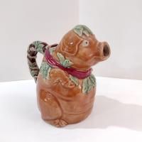 Vintage Majolica Pig Ceramic Pitcher, Farm Animal Kitsch Pitcher Kitchen Decor