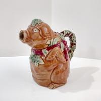 Vintage Majolica Pig Ceramic Pitcher, Farm Animal Kitsch Pitcher Kitchen Decor