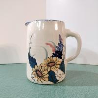 Vintage Floral Design Large Ceramic Pitcher, Ellis Prod Marshall Texas Hand Painted Signed Spongeware Pitcher
