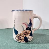 Vintage Floral Design Large Ceramic Pitcher, Ellis Prod Marshall Texas Hand Painted Signed Spongeware Pitcher