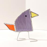 Stained Glass Standing Bird, Funky Glass Bird, Purple and Orange Bird Suncatcher, Windowsill Free Standing Bird