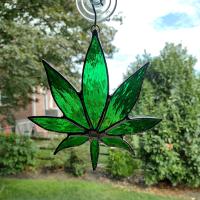 Stained Glass Marijuana Pot Leaf Suncatcher, Green Glass Leaf Window Decoration