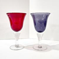 Vintage Hand Blown Red and Purple Bubble Glass Wine Water Goblets, Set of 2
