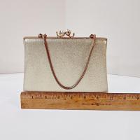 Vintage Bobbie Jerome Gold Metallic Evening Clutch Purse with Chain Handle and Pearl Clasp, 1950's-60's Formal Purse