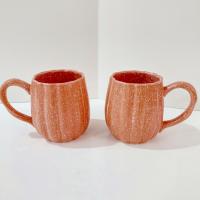 Vintage Pumpkin Gourd Shaped Ceramic Coffee Mugs, Set of Two, Potters Studio Oversized Stoneware Mugs