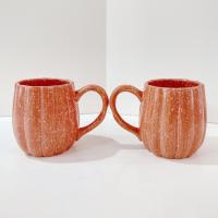 Vintage Pumpkin Gourd Shaped Ceramic Coffee Mugs, Set of Two, Potters Studio Oversized Stoneware Mugs