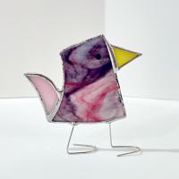 Stained Glass Standing Bird, Funky Glass Bird, Purple and Pink Bird Suncatcher, Windowsill Free Standing Bird