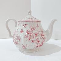 Vintage Queens Chelsea Toile Pink Transferware Ceramic Teapot with Pastoral Landscape Design