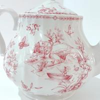 Vintage Queens Chelsea Toile Pink Transferware Ceramic Teapot with Pastoral Landscape Design