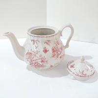 Vintage Queens Chelsea Toile Pink Transferware Ceramic Teapot with Pastoral Landscape Design