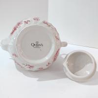 Vintage Queens Chelsea Toile Pink Transferware Ceramic Teapot with Pastoral Landscape Design