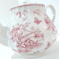 Vintage Queens Chelsea Toile Pink Transferware Ceramic Teapot with Pastoral Landscape Design
