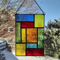 Rainbow Geometric Stained Glass Panel Suncatcher, Mondrian Stained Glass Art, Custom Colors Available