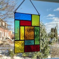 Rainbow Geometric Stained Glass Panel Suncatcher, Mondrian Stained Glass Art, Custom Colors Available
