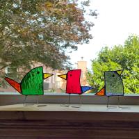 Rainbow Stained Glass Standing Birds, Set of Three, Green, Red, and Purple Glass Birds
