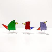 Rainbow Stained Glass Standing Birds, Set of Three, Green, Red, and Purple Glass Birds