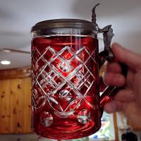Vintage Czech Bohemian Ruby Red Flashed Cut to Clear Glass Beer Stein with Pewter Hinged Lid